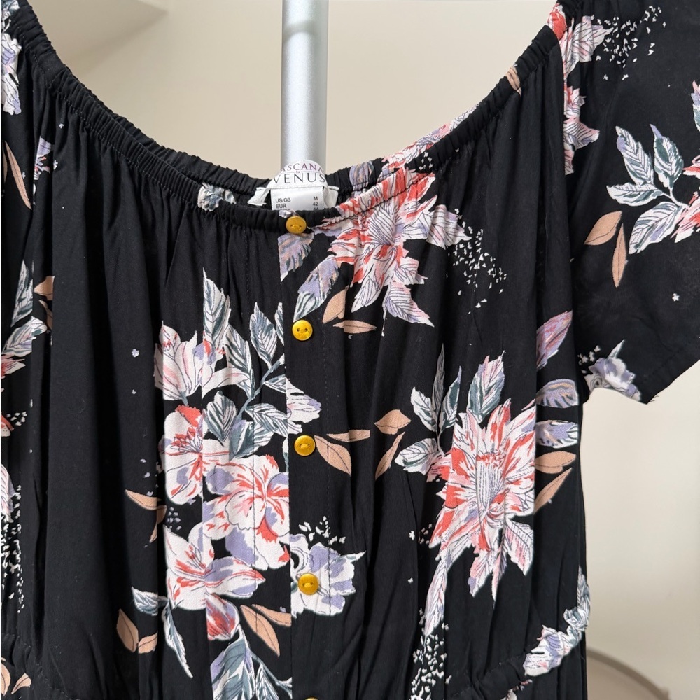 Women’s | Black Floral Off Shoulder Midi Dress Button Front | Size Medium - Picture 7 of 9